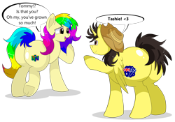 Size: 9000x6300 | Tagged: safe, artist:rainbowtashie, oc, oc:rainbow tashie, oc:tommy the human, alicorn, earth pony, pony, alicorn oc, butt, commissioner:bigonionbean, female, flank, hat, horn, large butt, male, mare, nintendo, nintendo 64, plot, simple background, stallion, the ass was fat, transparent background, wings, writer:bigonionbean