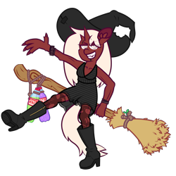 Size: 8000x8000 | Tagged: safe, artist:threetwotwo32232, oc, oc only, oc:humor, unicorn, anthro, anorexic, broom, female, horn, mare, multiple horns, simple background, solo, transparent background, witch