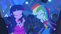 Size: 3410x1920 | Tagged: safe, screencap, rainbow dash, twilight sparkle, equestria girls, g4, my little pony equestria girls, ^^, bare shoulders, belt, clothes, cute, cutie mark on clothes, dashabetes, duo focus, eyes closed, fall formal outfits, female, fingerless gloves, gloves, high res, male, sleeveless, smiling, strapless, twilight ball dress