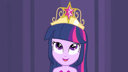 Size: 3410x1920 | Tagged: safe, screencap, twilight sparkle, equestria girls, g4, my little pony equestria girls, bare shoulders, big crown thingy, element of magic, fall formal outfits, female, high res, jewelry, open mouth, open smile, regalia, sleeveless, smiling, solo, strapless, twilight ball dress, upscaled