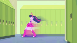 Size: 3410x1920 | Tagged: safe, screencap, twilight sparkle, equestria girls, g4, my little pony equestria girls, bare shoulders, big crown thingy, boots, element of magic, fall formal outfits, female, hallway, high res, jewelry, lockers, needs more jpeg, regalia, shoes, sleeveless, solo, strapless, twilight ball dress, upscaled