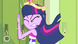Size: 3410x1920 | Tagged: safe, screencap, twilight sparkle, equestria girls, g4, my little pony equestria girls, armpits, bare shoulders, big crown thingy, bump, element of magic, eyes closed, fall formal outfits, female, gritted teeth, hallway, high res, jewelry, lockers, oof, ouch, regalia, sleeveless, solo, strapless, teeth, twilight ball dress, upscaled