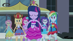Size: 3410x1920 | Tagged: safe, screencap, applejack, fluttershy, pinkie pie, rainbow dash, rarity, twilight sparkle, equestria girls, g4, my little pony equestria girls, :o, belt, big crown thingy, boots, bracelet, canterlot high, clothes, cowboy hat, cutie mark on clothes, element of magic, eyes closed, fall formal outfits, female, fingerless gloves, gloves, hairpin, hat, high res, humane five, humane six, jewelry, night, open mouth, regalia, shoes, sleeveless, strapless, twilight ball dress