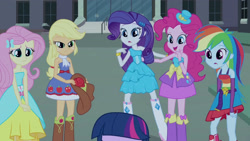 Size: 3410x1920 | Tagged: safe, screencap, applejack, fluttershy, pinkie pie, rainbow dash, rarity, twilight sparkle, equestria girls, g4, my little pony equestria girls, bare shoulders, belt, boots, bracelet, canterlot high, clothes, cutie mark on clothes, fall formal outfits, female, hairpin, high res, humane five, humane six, jewelry, night, offscreen character, open mouth, open smile, shoes, sleeveless, smiling, strapless