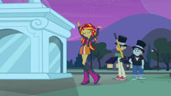 Size: 3410x1920 | Tagged: safe, screencap, snails, snips, sunset shimmer, human, equestria girls, g4, my little pony equestria girls, boots, clothes, crossed arms, cutie mark on clothes, eyes closed, female, frown, hammer, hat, high res, jacket, leather, leather jacket, male, night, shoes, statue, top hat, trio