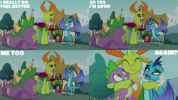 Size: 1280x720 | Tagged: safe, edit, edited screencap, editor:quoterific, screencap, princess ember, spike, thorax, changedling, changeling, dragon, g4, season 7, triple threat, ^^, crossed arms, cute, emberbetes, eyes closed, female, hug, king thorax, lying down, male, open mouth, prone, smiling, spikabetes, thorabetes