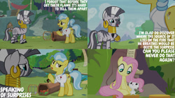 Size: 1280x720 | Tagged: safe, edit, edited screencap, editor:quoterific, screencap, angel bunny, doctor fauna, fluttershy, zecora, earth pony, pegasus, pony, rabbit, zebra, g4, season 9, she talks to angel, angelbetes, animal, cute, female, fire gecko, male, mare, open mouth, open smile, shyabetes, smiling