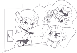Size: 1468x1014 | Tagged: safe, artist:nauyaco, derpy hooves, dinky hooves, pegasus, pony, unicorn, g4, bipedal, duo, duo female, equestria's best daughter, equestria's best mother, female, filly, foal, food, mare, monochrome, mother and child, mother and daughter, muffin
