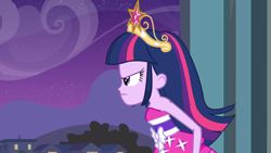 Size: 1024x576 | Tagged: safe, artist:catdragon4, edit, edited screencap, editor:catdragon4, screencap, twilight sparkle, equestria girls, g4, my little pony equestria girls, angry, bare shoulders, canterlot high, crown, element of magic, fall formal outfits, jewelry, regalia, serious, sleeveless, solo, strapless, twilight ball dress