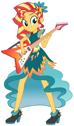 Size: 5438x9260 | Tagged: safe, artist:aureategramarye, sunset shimmer, equestria girls, g4, my little pony equestria girls: legend of everfree, .svg available, absurd resolution, clothes, crystal gala dress, dress, electric guitar, female, flying v, grin, guitar, musical instrument, simple background, smiling, solo, transparent background, vector