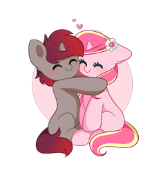 Size: 3892x4006 | Tagged: safe, artist:kittyrosie, oc, oc only, oc:rosa flame, pony, unicorn, duo, eyes closed, floppy ears, flower, flower in hair, heart, hug, simple background, transparent background