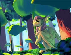 Size: 3300x2550 | Tagged: safe, artist:silentwulv, fluttershy, pegasus, pony, g4, female, forest, giant plant, high res, looking away, looking up, mare, open mouth, open smile, outdoors, partially open wings, sitting, smiling, solo, wings