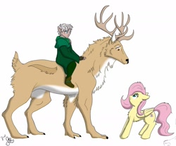 Size: 1839x1525 | Tagged: safe, artist:cactuscowboydan, fluttershy, oc, deer, elf, elk, pegasus, pony, g4, animal, antlers, chest fluff, concept, elf ears, riding, simple background, size difference, white background