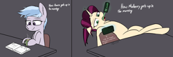 Size: 4374x1444 | Tagged: safe, artist:pinkberry, oc, oc only, oc:mulberry merlot, oc:winter azure, pony, unicorn, book, cellphone, colt, duo, energy drink, foal, girly, hot drink, male, mug, phone, reading, relaxing, smartphone, trap