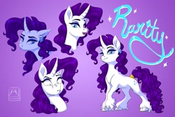 Size: 1920x1280 | Tagged: safe, artist:bluefeathercat, rarity, pony, unicorn, g4, alternate hairstyle, curved horn, ear piercing, earring, horn, jewelry, lidded eyes, looking at you, piercing, scrunchy face, smiling, snorting, solo, tail, tail wrap, unshorn fetlocks, wide eyes