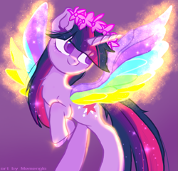 Size: 1555x1495 | Tagged: safe, artist:memengla, twilight sparkle, alicorn, pony, g4, my little pony: rainbow roadtrip, colored wings, floral head wreath, flower, multicolored wings, solo, twilight sparkle (alicorn), wing bling, wings