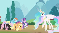 Size: 2560x1440 | Tagged: safe, artist:thatonefluffs, edit, edited screencap, screencap, applejack, fluttershy, pinkie pie, princess celestia, rainbow dash, rarity, twilight sparkle, oc, oc:moonlight, alicorn, earth pony, pegasus, pony, unicorn, g4, swarm of the century, blushing, bow, freckles, mane six, unicorn twilight, unshorn fetlocks