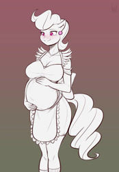 Size: 668x960 | Tagged: safe, artist:scorpdk, cup cake, earth pony, anthro, g4, apron, blushing, breasts, busty cup cake, cleavage, clothes, ear piercing, earring, evening gloves, female, gloves, jewelry, long gloves, milf, monochrome, naked apron, nudity, partial nudity, piercing, pregnant, socks, solo, stockings, thigh highs