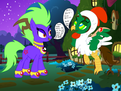 Size: 2828x2121 | Tagged: safe, artist:insanespyro, oc, oc only, oc:frost d. tart, oc:midnight devilwitch, alicorn, pony, alicorn oc, animal costume, chicken suit, clothes, costume, high res, horn, hypnosis, hypnotized, mind control, pentagram, text, wings