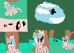 Size: 4712x3336 | Tagged: safe, artist:willtheraven1, cozy glow, spike, dragon, pegasus, pony, g4, amnesia, blank flank, bruised, dream valley, female, filly, foal, forest, lost, ms paint, shadow, what if, willverse, winged spike, wings