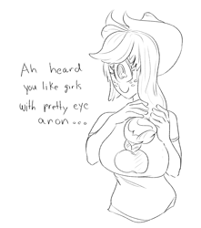 Size: 1803x2039 | Tagged: safe, artist:applephil, applejack, cyclops, monster girl, equestria girls, g4, breasts, busty applejack, dialogue, implied anon, lineart, species swap