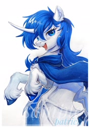 Size: 1450x2048 | Tagged: safe, artist:paipaishuaige, oc, oc only, pony, unicorn, cloak, clothes, curved horn, horn, looking at you, open mouth, smiling, solo, traditional art, unshorn fetlocks