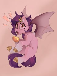 Size: 768x1024 | Tagged: safe, artist:anoraknr, pipp petals, bat pony, pony, g5, my little pony: a new generation, bat pipp, bat ponified, emanata, flying, food, herbivore, looking at you, mango, race swap, solo, spread wings, surprised, wings