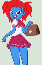 Size: 441x686 | Tagged: safe, artist:ry-bluepony1, artist:yaya54320bases, oc, oc:radiant rail, equestria girls, g4, bag, base used, bedroom eyes, clothes, eyelashes, green background, looking at you, looking back, looking back at you, pigtails, school uniform, schoolgirl, simple background, skirt