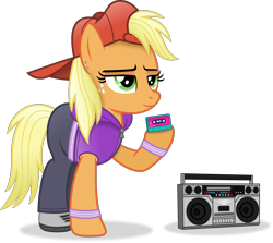 Size: 4285x3816 | Tagged: safe, artist:anime-equestria, applejack, earth pony, pony, g4, '90s, absurd resolution, alternate hairstyle, backwards ballcap, baseball cap, boombox, cap, clothes, compact cassette, ear piercing, female, freckles, green eyes, hat, hoodie, hoof hold, hooves, lidded eyes, mare, piercing, shading, shadow, simple background, smiling, solo, standing, transparent background, vector, wristband