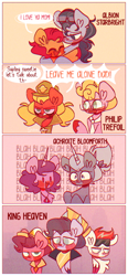Size: 446x964 | Tagged: safe, artist:sockiepuppetry, alphabittle blossomforth, argyle starshine, izzy moonbow, phyllis cloverleaf, pipp petals, queen haven, sprout cloverleaf, sunny starscout, zipp storm, earth pony, pegasus, pony, unicorn, g5, my little pony: a new generation, achroite bloomforth, adoraphyllis, albion starbright, annoyed, blah blah blah, comic, dialogue, female, glasses, hat, hug, isaac crestie, king heaven, makeup, male, mare, necktie, one eye closed, open mouth, philip trefoil, pip corolla, rule 63, running makeup, sapling trefoil, smiling, stallion, sun starchaser, sunglasses, unshorn fetlocks, zip cyclone