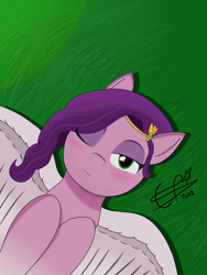 Size: 3600x4800 | Tagged: safe, artist:cobaltskies002, pipp petals, pegasus, pony, g5, my little pony: a new generation, blushing, cute, daaaaaaaaaaaw, female, grass, grass field, hair over one eye, looking at you, lying down, mare, one eye closed, signature
