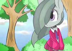 Size: 1280x904 | Tagged: safe, artist:a.s.e, marble pie, earth pony, semi-anthro, g4, alone, arm hooves, clothes, cloud, cute, female, forest, hair over one eye, marblebetes, mare, school uniform, solo, tree, uniform, walking