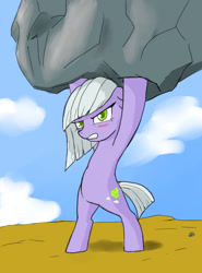Size: 736x992 | Tagged: safe, artist:a.s.e, limestone pie, earth pony, pony, g4, angry, bipedal, blushing, cloud, colored pupils, day, earth pony strength, eyelashes, female, floppy ears, furious, gritted teeth, looking at you, mare, outdoors, rock, sky, solo, super strength