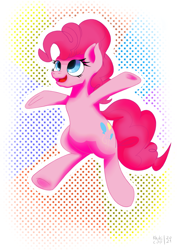 Size: 2480x3508 | Tagged: safe, artist:khaki-cap, pinkie pie, earth pony, pony, g4, colorful, digital art, female, happy, high res, jumping, looking up, mare, signed, simple, simple background, stars, tail, white background