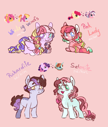 Size: 2400x2800 | Tagged: safe, artist:orphicswanart, oc, oc:pink lady, oc:rickardite, oc:selenite (orphicswanart), oc:whirling winds, earth pony, pegasus, pony, unicorn, au:chaoticverse, alternate universe, high res, magical lesbian spawn, offspring, parent:apple bloom, parent:diamond tiara, parent:scootaloo, parent:snips, parent:sweetie belle, parent:toola roola, parents:diamondbloom, parents:scootaroola, parents:sweetiesnips, solo