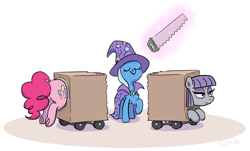 Size: 842x509 | Tagged: safe, artist:foudubulbe, maud pie, pinkie pie, trixie, earth pony, pony, unicorn, g4, box, box sawing trick, cape, clothes, eyes closed, glowing, glowing horn, hat, horn, levitation, magic, magic aura, magic trick, saw, simple background, telekinesis, trick, trio, trixie's cape, trixie's hat, white background