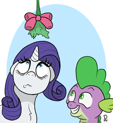 Size: 672x737 | Tagged: safe, artist:doodledonutart, rarity, spike, dragon, pony, unicorn, g4, grin, looking up, mistletoe, one sided shipping, shipping, smiling, this will end in kisses