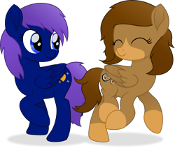 Size: 4591x3886 | Tagged: safe, artist:cirillaq, oc, oc only, oc:glittershine, oc:wild winds, pegasus, pony, ^^, absurd resolution, blue eyes, brown mane, brown tail, coat markings, duo, duo female, eyes closed, female, folded wings, hooves, looking at someone, mare, pegasus oc, raised hoof, raised leg, shadow, simple background, smiling, socks (coat markings), tail, transparent background, wings
