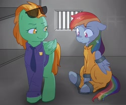 Size: 2448x2048 | Tagged: safe, artist:ponchik_art, lightning dust, rainbow dash, pegasus, pony, g4, bound wings, cell, clothes, commission, commissioner:rainbowdash69, cuffed, duo, high res, jail, jail cell, looking down, never doubt rainbowdash69's involvement, prison, prison outfit, prisoner, prisoner rd, smiling, smirk, wing cuffs, wings