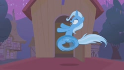 Size: 1280x720 | Tagged: safe, screencap, trixie, pony, unicorn, boast busters, g4, season 1, female, hooves, horn, house, mare, night, open mouth, outdoors, shadow, shrunken pupils, solo, tail, two toned mane, two toned tail, wheel o feet