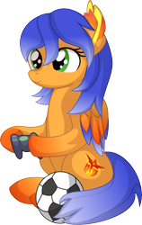 Size: 5056x7978 | Tagged: safe, artist:cyanlightning, oc, oc only, oc:solar aura, pegasus, pony, .svg available, absurd resolution, commissioner:solar aura, controller, ear fluff, female, football, green eyes, hoof hold, hooves, mare, pegasus oc, simple background, sitting, smiling, solo, sports, transparent background, vector