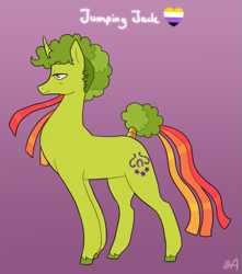 Size: 863x976 | Tagged: safe, artist:greenarsonist, oc, oc only, oc:jumping jack⤴, pony, unicorn, nonbinary, nonbinary pride flag, pride, pride flag, unshorn fetlocks