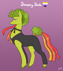 Size: 863x976 | Tagged: safe, artist:greenarsonist, oc, oc only, oc:jumping jack⤴, pony, unicorn, alternate clothes, nonbinary, nonbinary pride flag, pride, pride flag, unshorn fetlocks