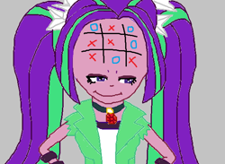 Size: 584x428 | Tagged: artist needed, safe, artist:zimbabwe, aria blaze, equestria girls, g4, 1000 hours in ms paint, female, gray background, ms paint, simple background, smiling, solo, tic tac toe