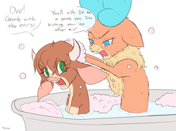 Size: 1821x1355 | Tagged: safe, artist:hyakuen, arizona (tfh), velvet (tfh), cow, deer, reindeer, them's fightin' herds, angry, angry eyes, bath, bathing together, bathtub, bubble, bubble bath, community related, dialogue, duo, female, floppy ears, looking at each other, looking at someone, missing accessory, open mouth, simple background, talking, talking to partner, wet, white background