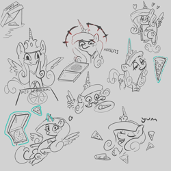 Size: 3000x3000 | Tagged: safe, artist:nannynonads, princess cadance, alicorn, pony, g4, :p, darkest dungeon, doodles, female, food, gray background, heart, high res, magic, peetzer, pizza, simple background, smug, telekinesis, that pony sure does love pizza, tongue out