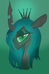 Size: 833x1250 | Tagged: source needed, safe, artist:nannynonads, queen chrysalis, changeling, changeling queen, g4, bust, crown, female, green background, jewelry, portrait, regalia, simple background, solo