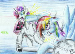 Size: 2324x1660 | Tagged: safe, artist:3500joel, rainbow dash, sweetie belle, pegasus, pony, robot, unicorn, g4, blood, duo, female, fight, gritted teeth, open mouth, sweetie bot, traditional art