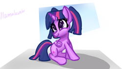 Size: 3840x2160 | Tagged: safe, artist:llamalauncher, twilight sparkle, alicorn, pony, g4, alternate hairstyle, female, folded wings, high res, pigtails, solo, twilight sparkle (alicorn), twintails, wings