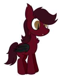 Size: 438x497 | Tagged: safe, artist:alandisc, oc, oc only, oc:mary redd, bat pony, pony, bat eyes, bat wings, big eyes, blank flank, chest fluff, child, ear fluff, eyelashes, fangs, female, filly, foal, folded wings, magical lesbian spawn, missing cutie mark, offspring, red, simple background, solo, white background, wings